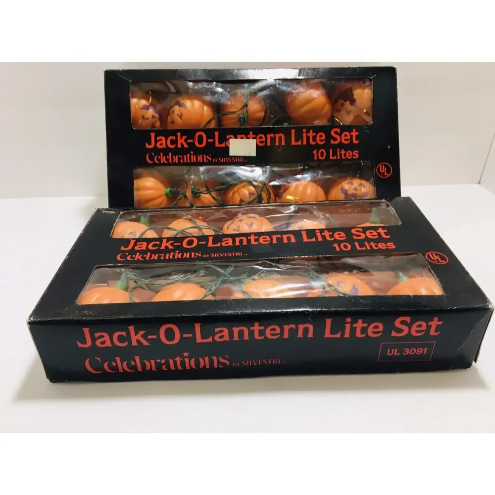 Vintage Halloween Jack O Lantern Pumpkin Light String Blow Mold 2 Sets
